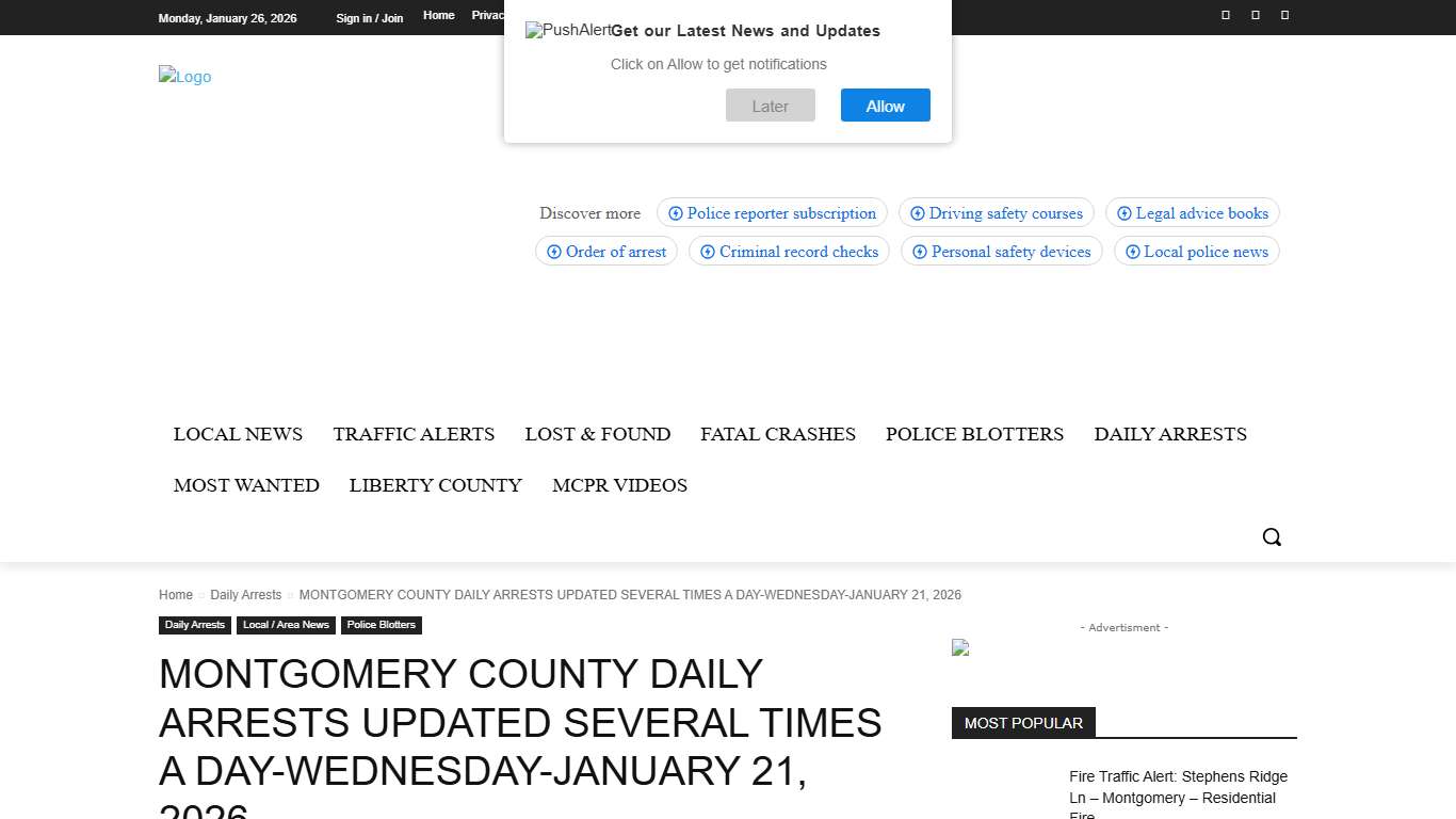 MONTGOMERY COUNTY DAILY ARRESTS UPDATED SEVERAL TIMES A DAY-WEDNESDAY-JANUARY 21, 2026 montgomery county police reporter