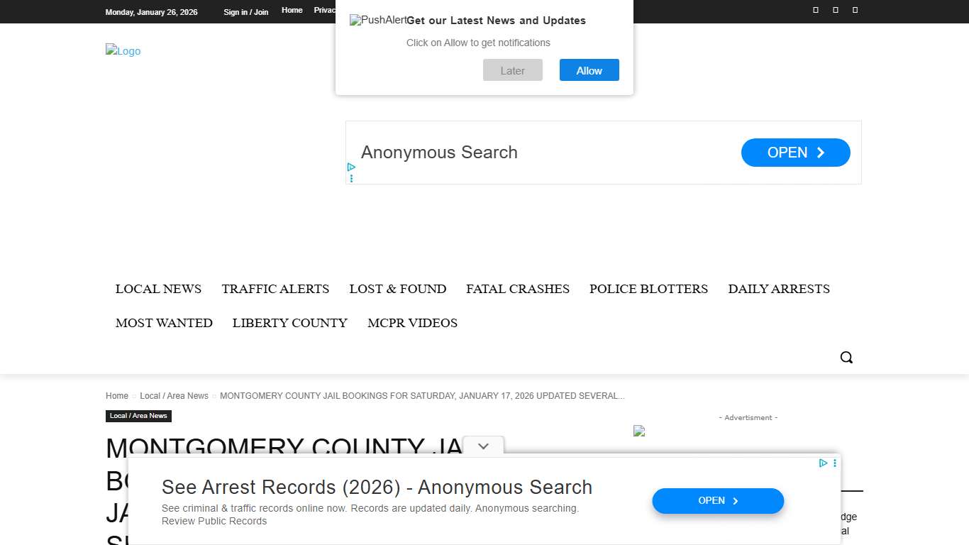 MONTGOMERY COUNTY JAIL BOOKINGS FOR SATURDAY, JANUARY 17, 2026 UPDATED SEVERAL TIMES A DAY- montgomery county police reporter